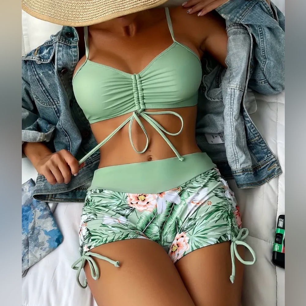 Tropical Floral Drawstring Top High Waisted Shorts Swimwear Set - Picture 5 of 8